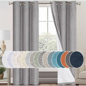Blackout Grommet Curtains Thermal Insulated Noise Reducing Faux Linen Gray 84"